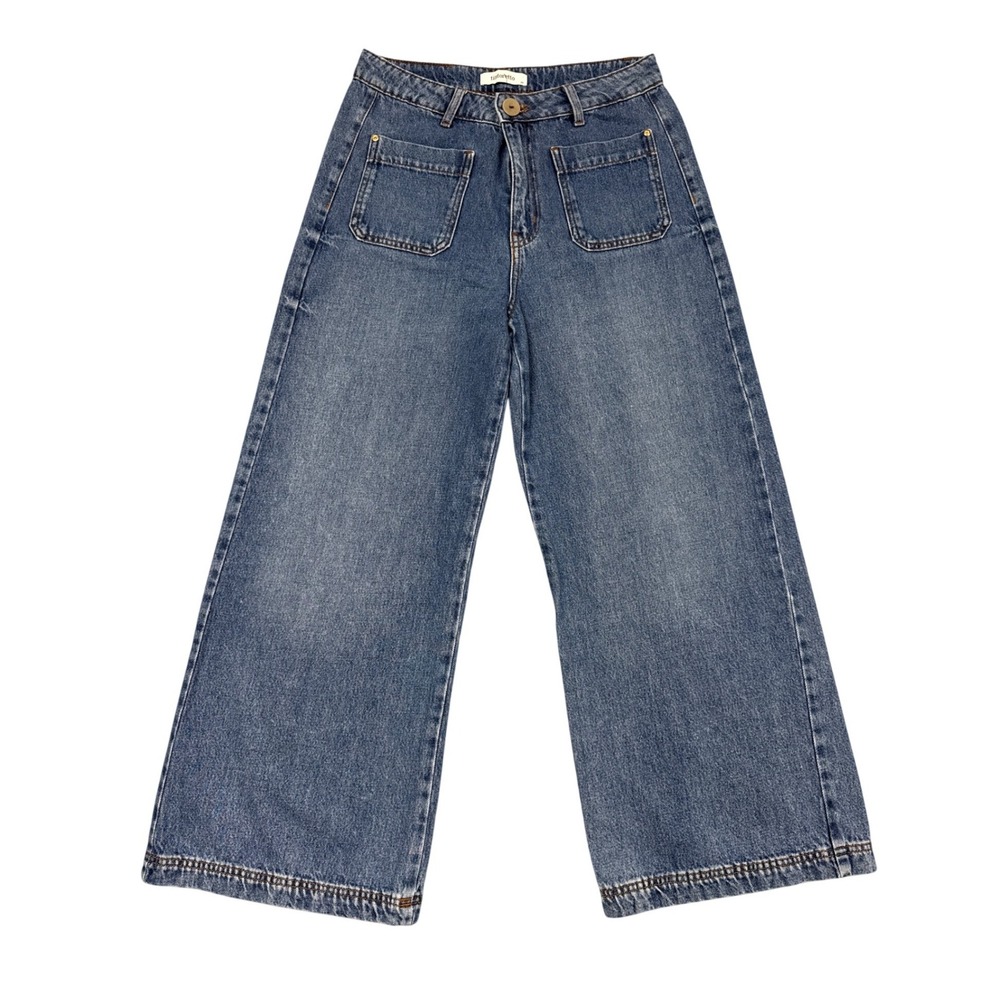Tintoretto Jeans Womens 40 Blue Wide Leg High Rise Patch Pocket Retro Denim Pant